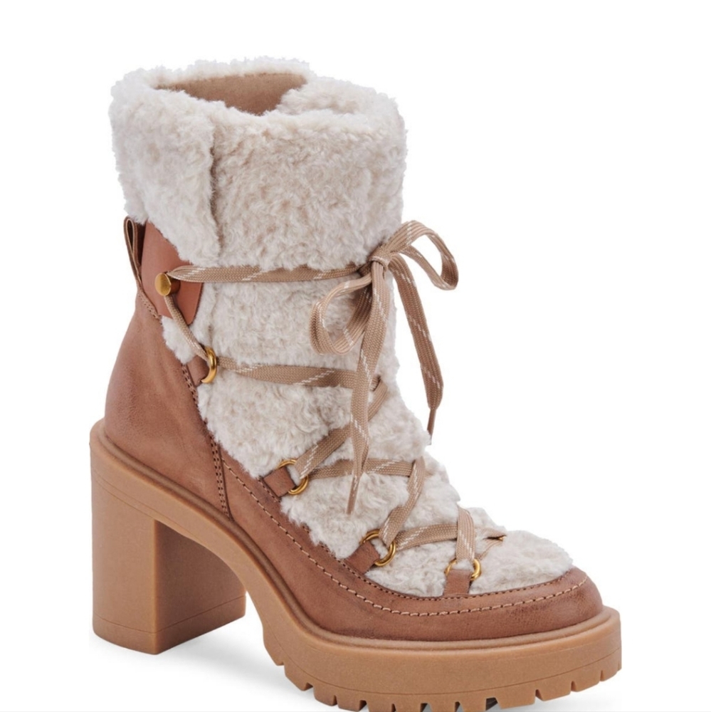 Dolce Vita Celtic Boots Brown Leather Lug Sole Faux Fur Designer Luxury #564